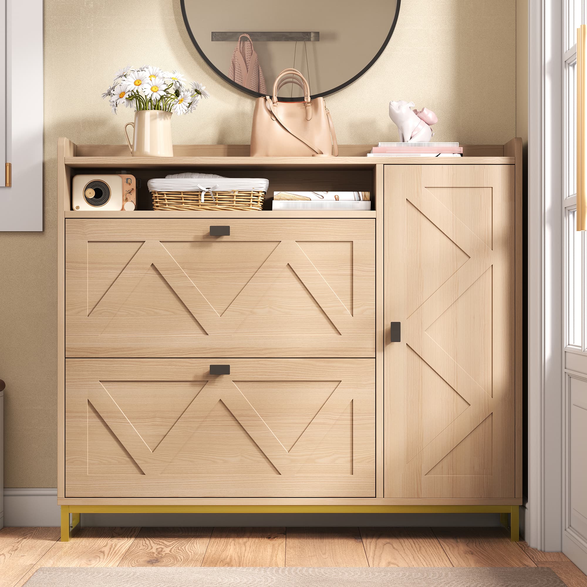 Armoire à Chaussures d'Entrée avec Double Rabat, Armoire Latérale & Portes Géométriques Gaufrées, Cadre Métallique - 9