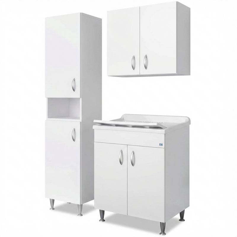 Mueble lavadero/fregadero en laminado hidrófugo – fregadero de 60x50 cm con columna y mueble alto de 2 puertas – blanco para interior – negrari