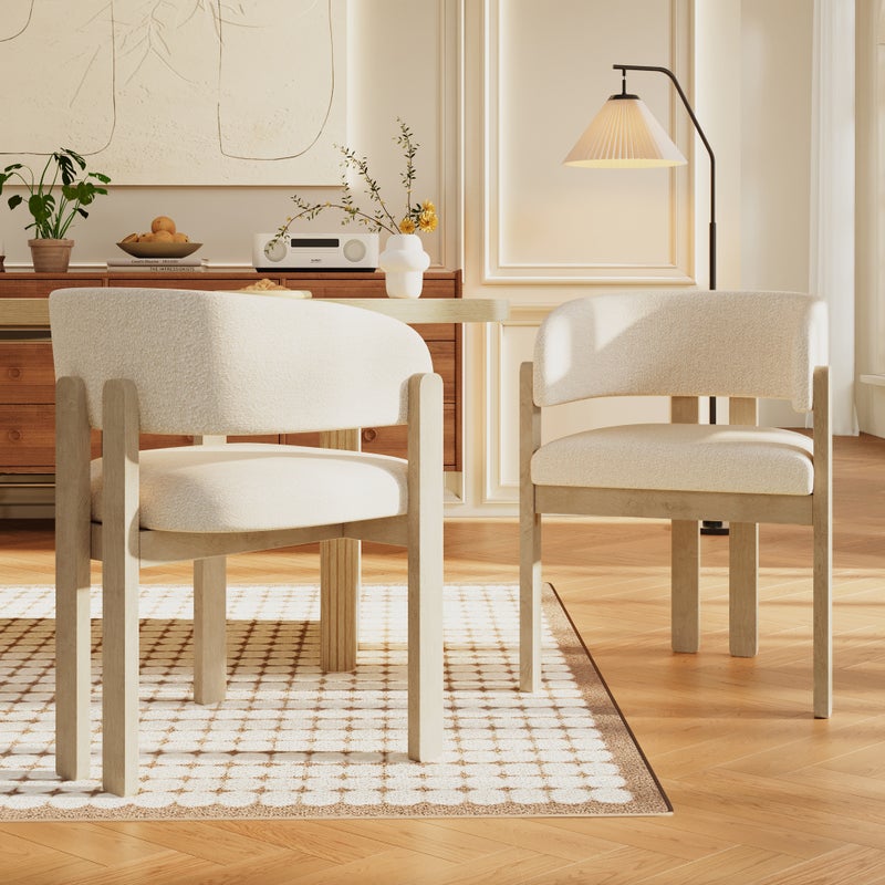 Zestaw 2 krzeseł do jadalni z podłokietnikami - 60 x 51 x 80 cm - tkanina bouclé i nogi z litego drewna - naturalny