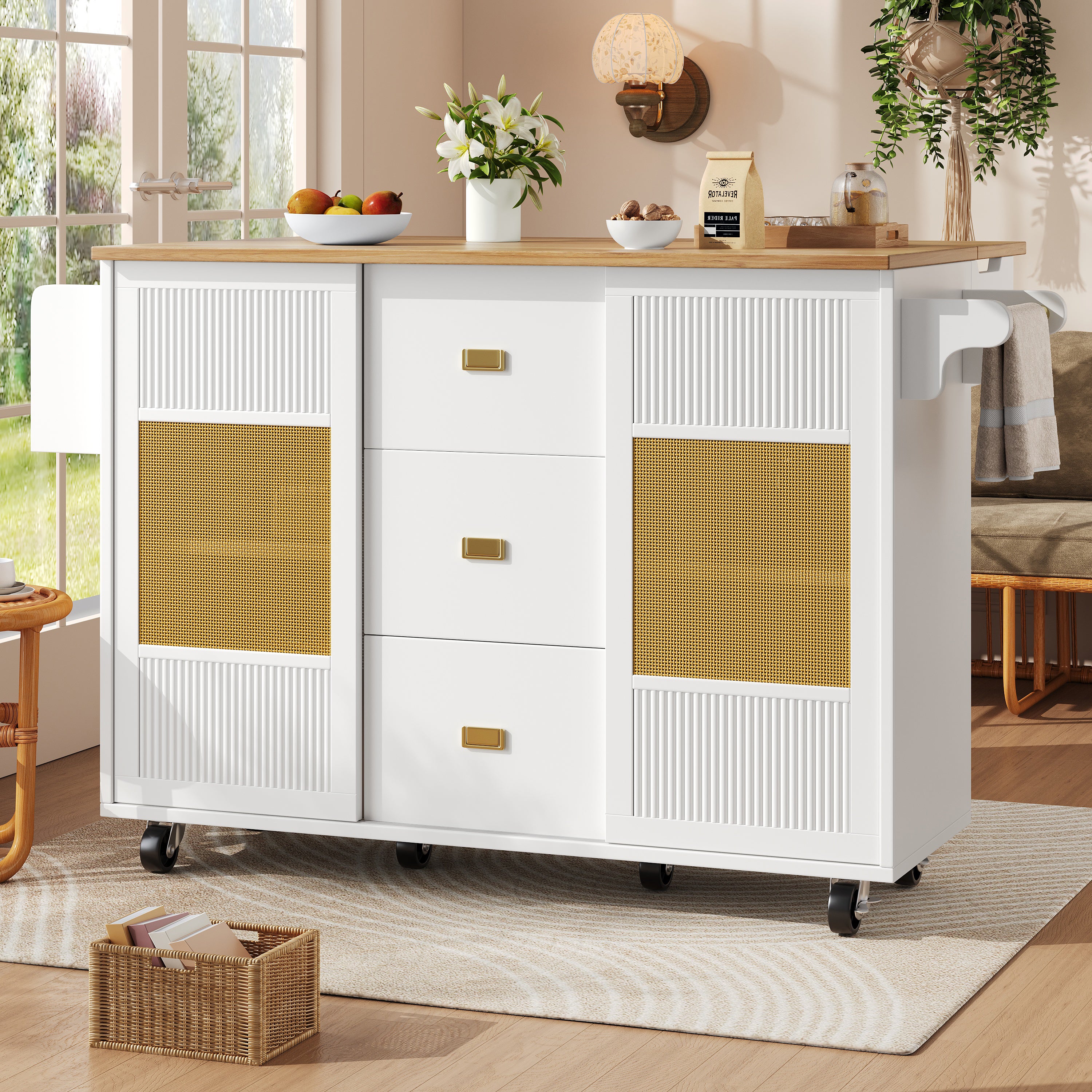 Isla de cocina moderna 146x70x90cm con cajones, mesa plegable, carrito con ruedas, porta toallas y estantes de especias, blanco