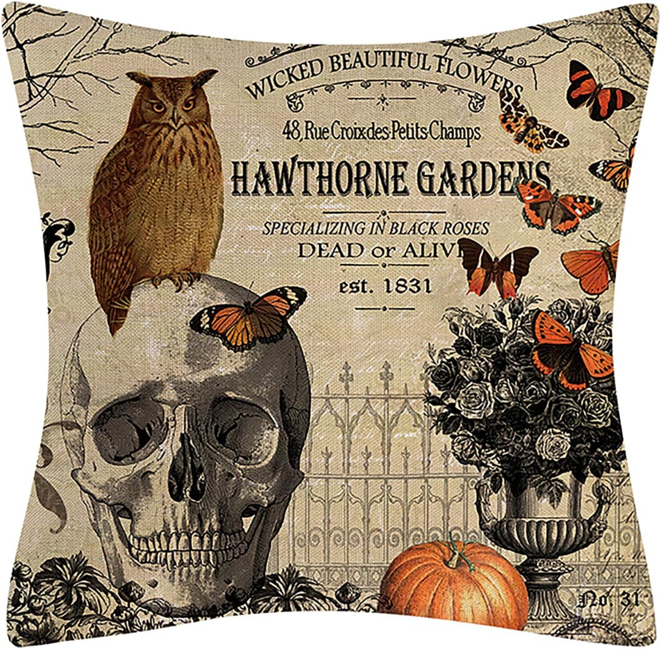 4 Taies D’oreiller Halloween – Motifs Citrouille, Crâne… – 45x45 Cm – Fermeture Zip Cachée – Tissu Lin Résistant