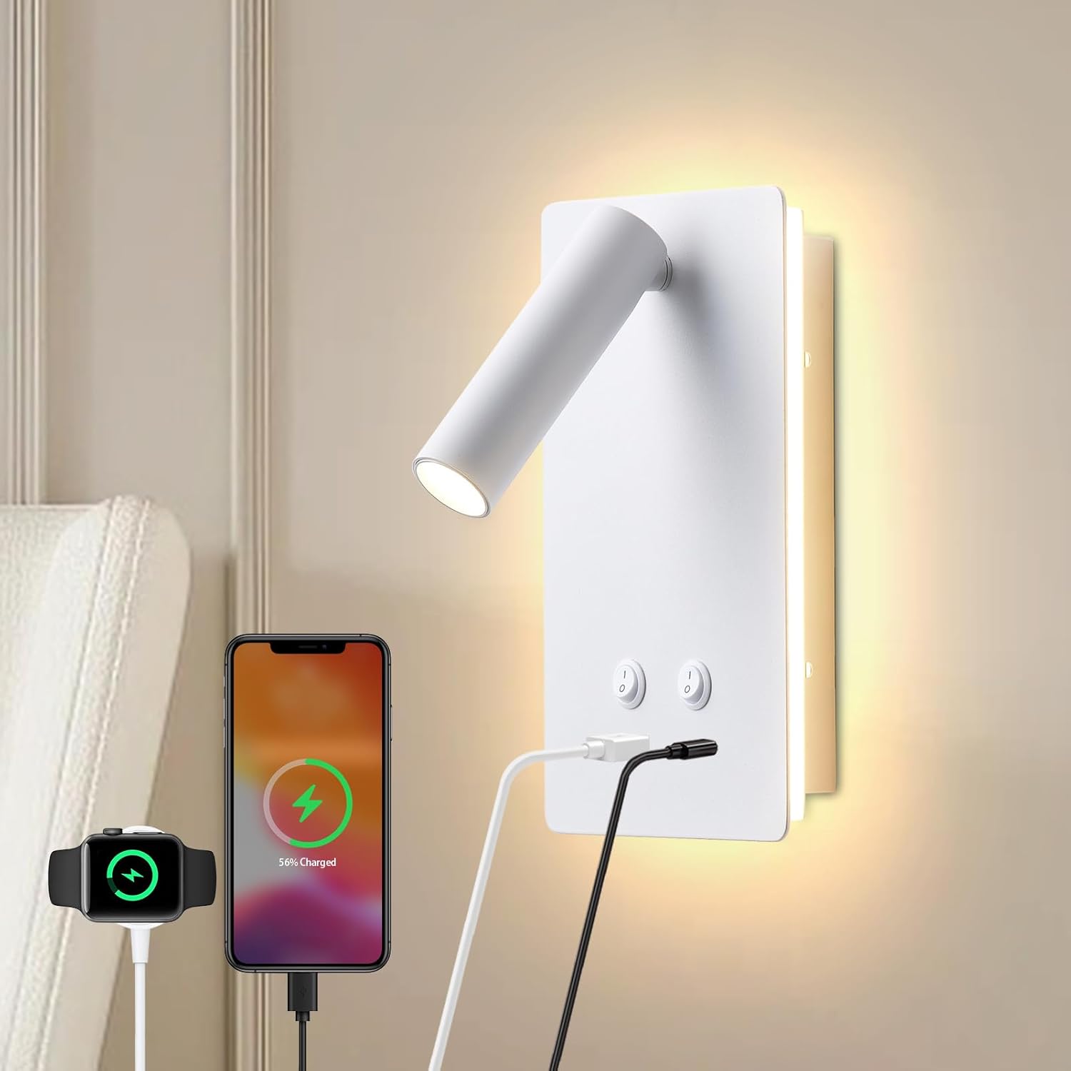 Lampka ścienna LED do czytania - Regulowana głowica lampy - Z interfejsem USB C+A - Lampka nocna -Lampka nocna 6 W + 3 W - Ciepłe białe światło(Białe)