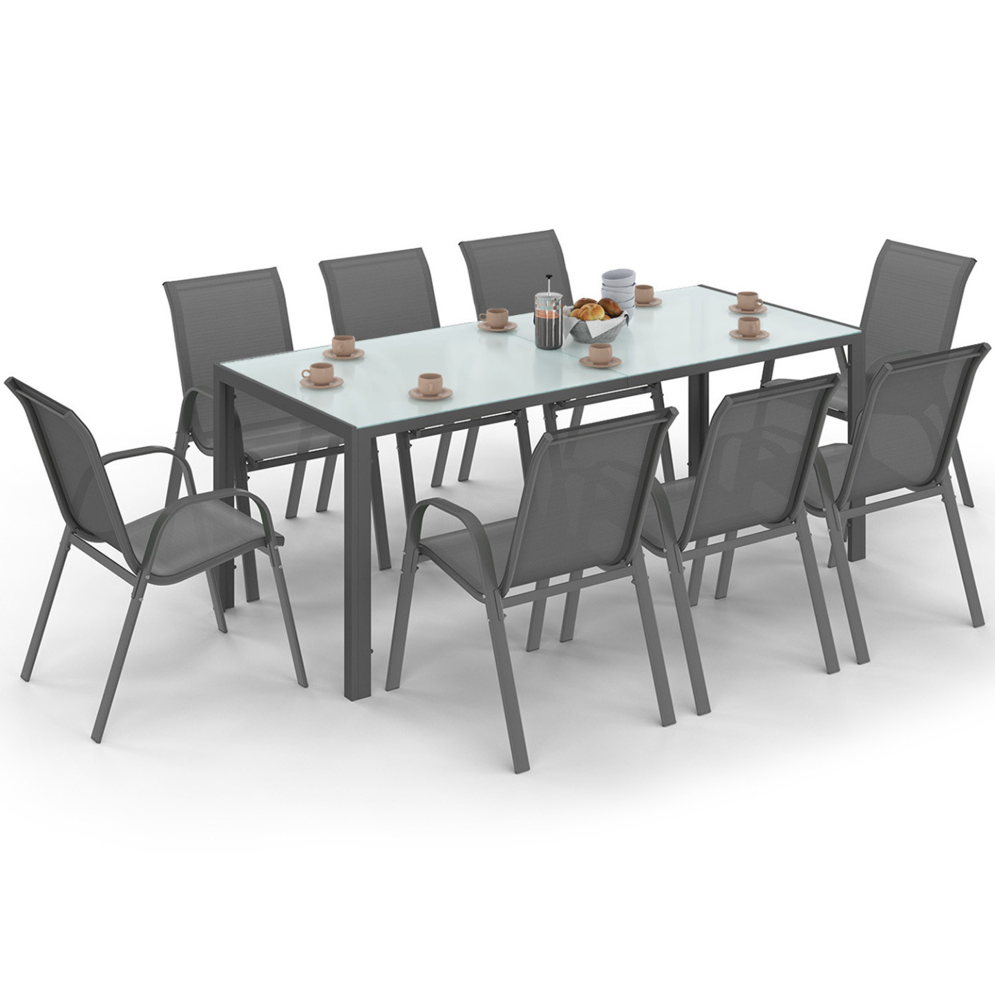 Salon de jardin MADRID table 190 CM et 8 chaises empilables gris anthracite plateau transparent - 2