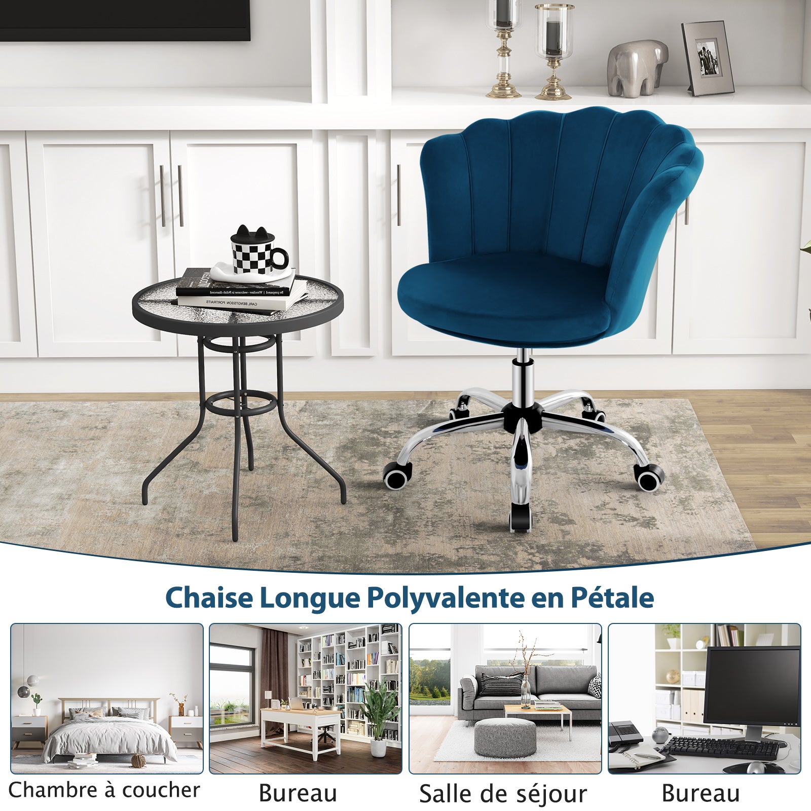 Fauteuil de Bureau en Velours avec 5 Roues Universelles, Chaise de Coiffeuse(Bleu) - 6
