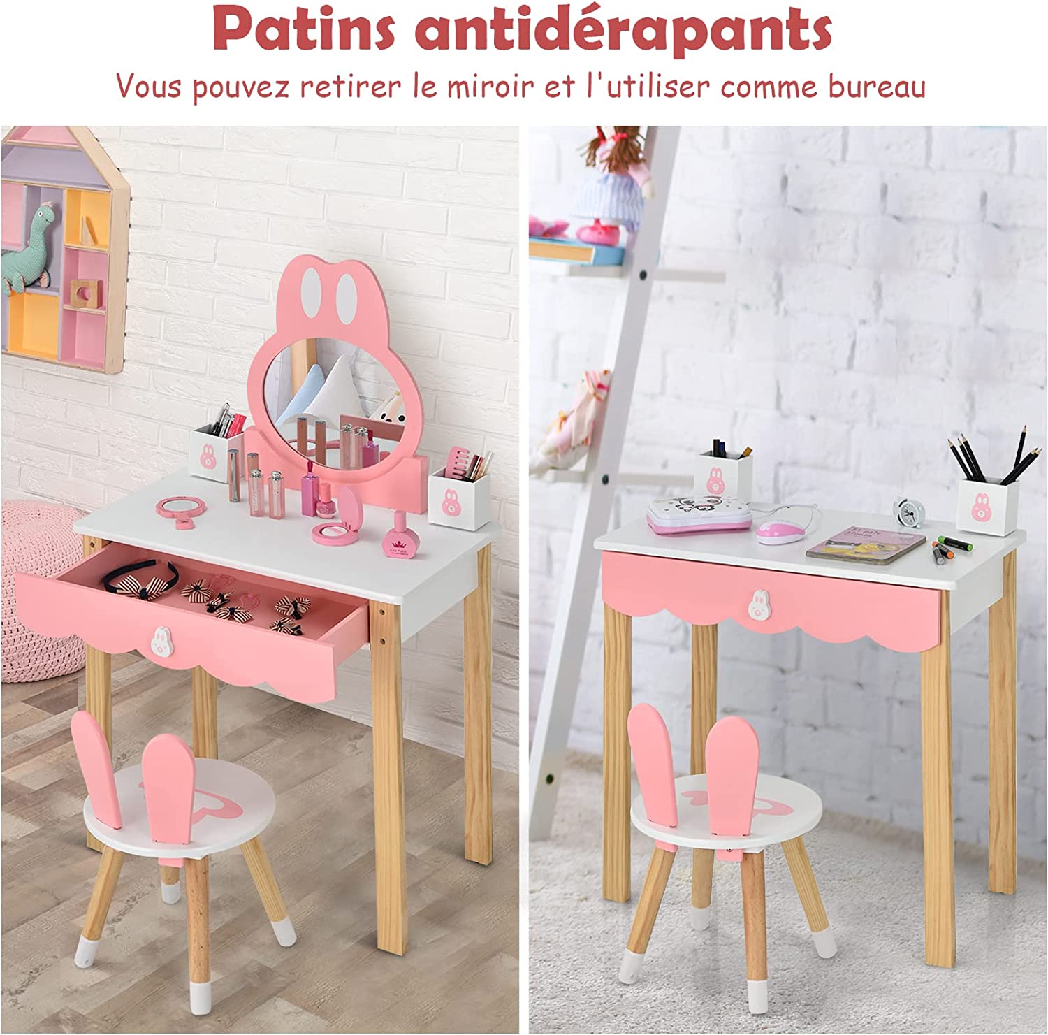 Toeletta Trucco 2 in 1 per Bambina, Specchiera a Forma di Coniglio Staccabile per Ragazza in Legno con Sgabello, Portapenni e Cassetto, Postaz - 4