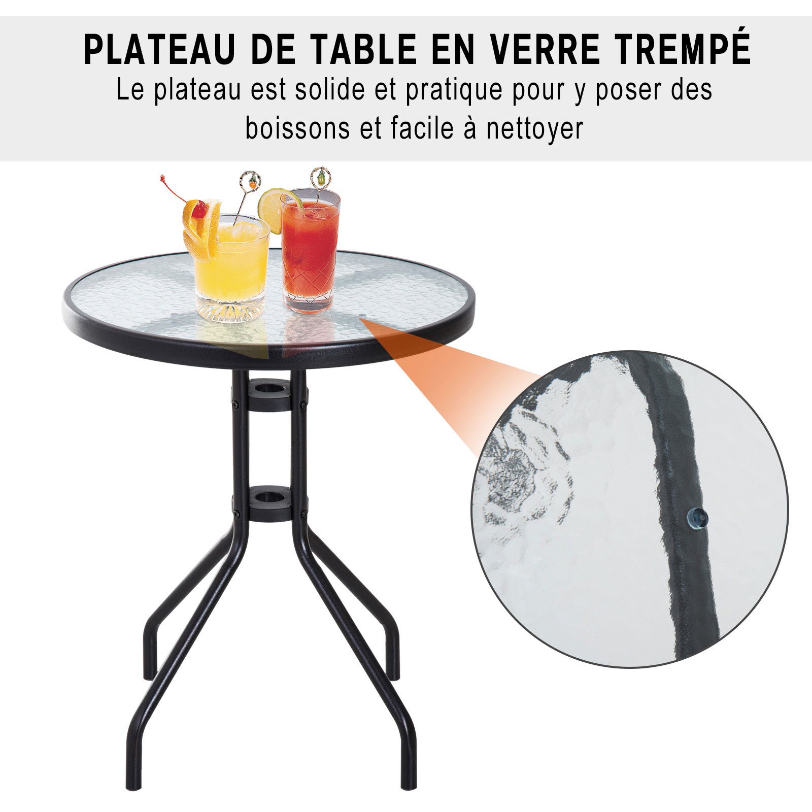 Ensemble Jardin 3 pièces : 2 chaises inclinables multi-positions pliables + table ronde verre trempé, métal/textilène, chocolat. - 6