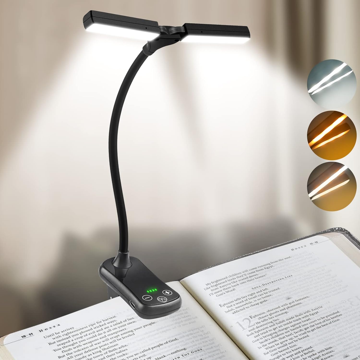 14-diodowa lampka do czytania, podwójna głowica, ładowana przez USB, mocowana na klipsie, elastyczna 360°, 3 kolory i możliwość przyciemniania, przen