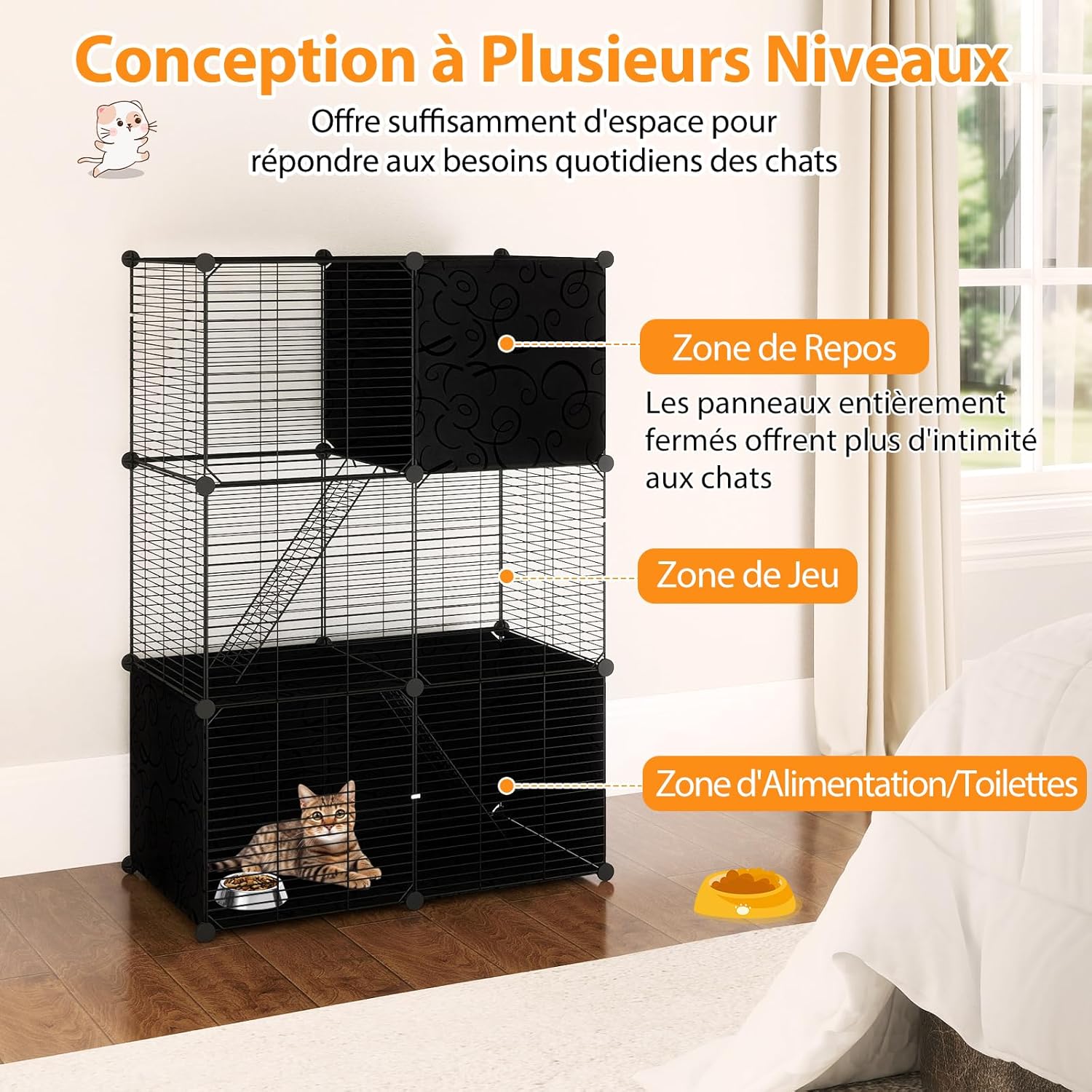 Gaiola para gatos de interior, recinto para gatos em arame metálico modular com 3 portas e 2 escadas, quarto, sala de estar (74 x 47 x 110 cm) - 2