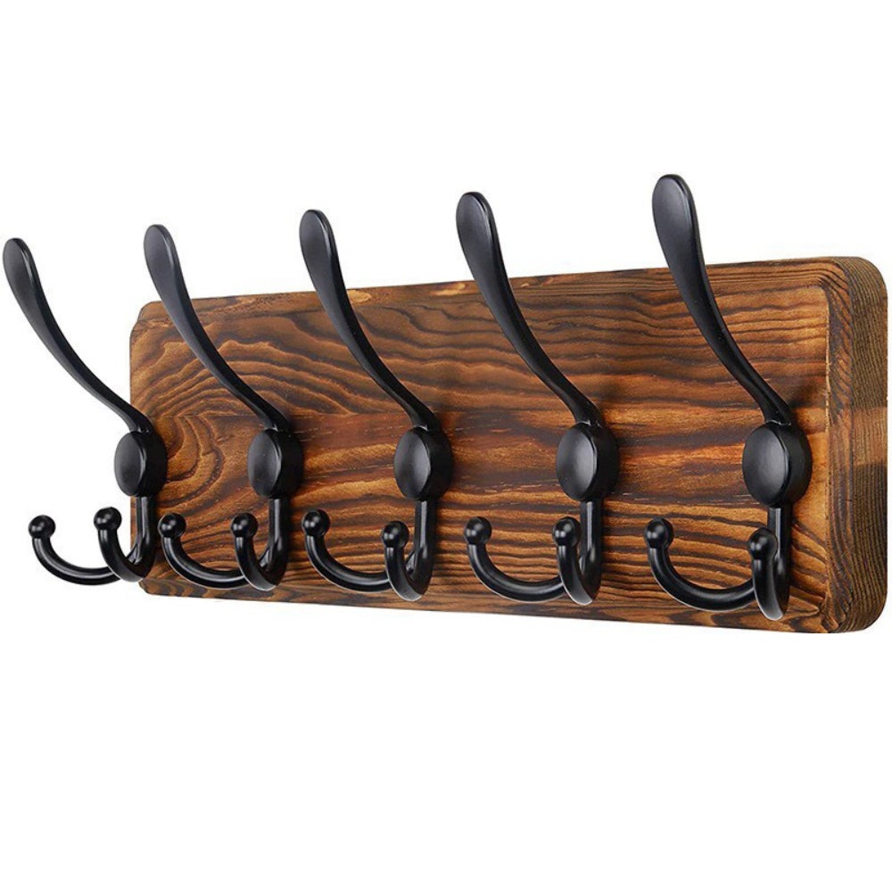 Porte-Manteau Mural Bois LARHN - 4 Crochets Triples Noir - 42cm - Patère Entrée Chambre