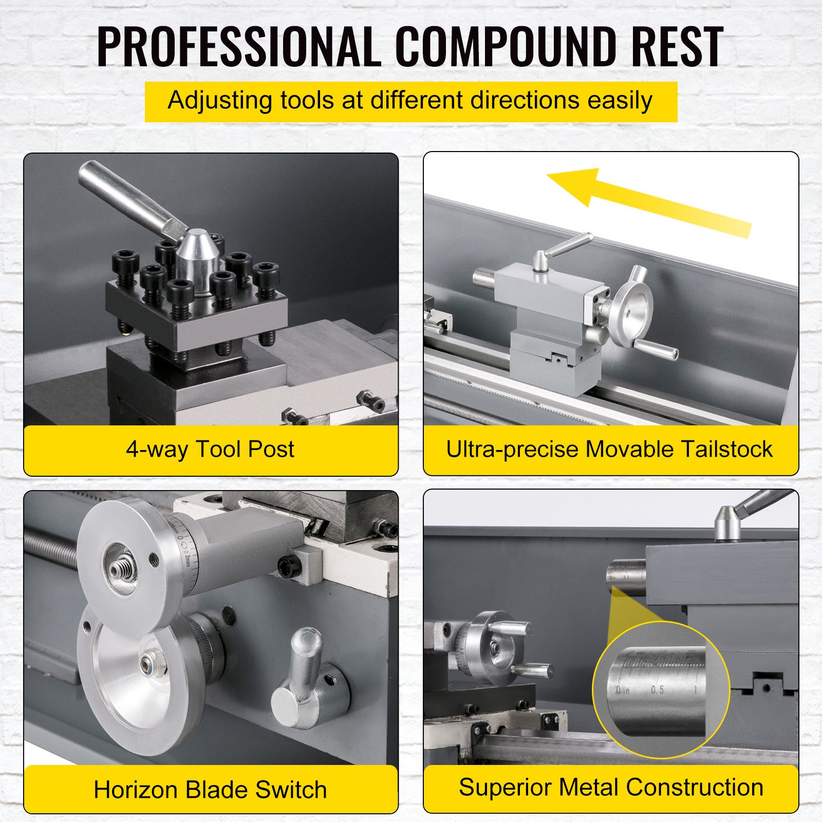 Mini tour métaux SucceBuy 1100W 220MMx750MM Vitesse variable Fraiseuse Tour numérique avec mandrin 3 mors,cône broche MT5,cône contre-pointe MT2 - 8