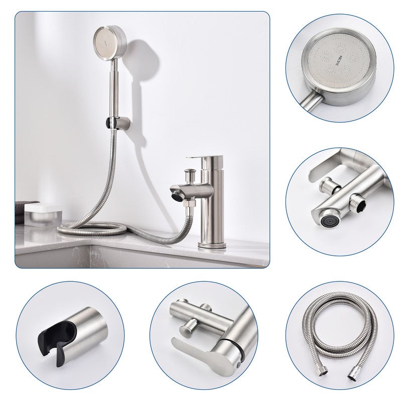 Mitigeur Salle de Bain Brossé Robinet de Douche avec Pommeau et Flexible Kit de Robinet Monotrou à Double Usage - 6