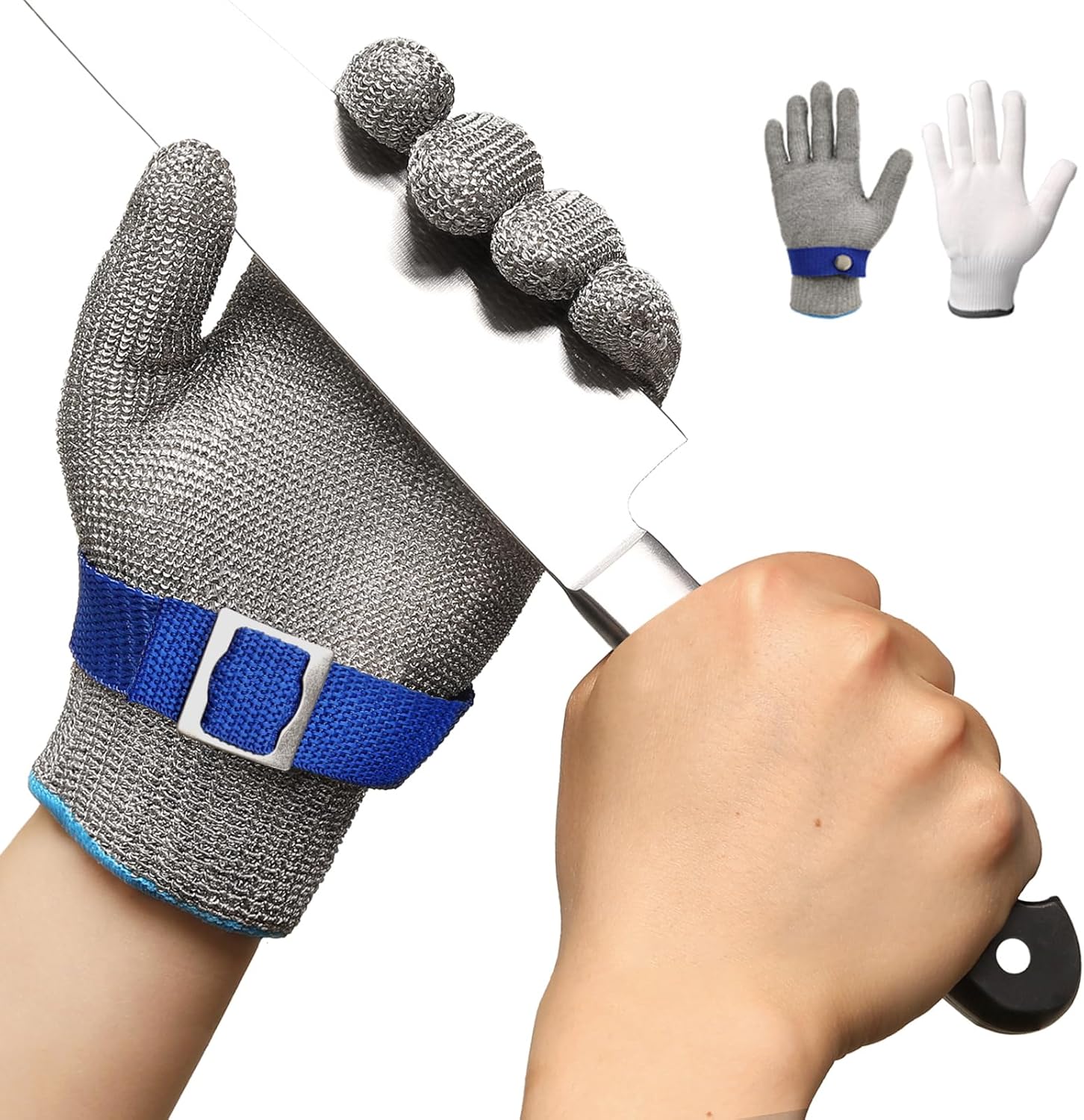 Gants de boucher, cotte de mailles, acier inoxydable, résistants aux coupures, bleus, haute performance, niveau de protection 5, taille M - 6