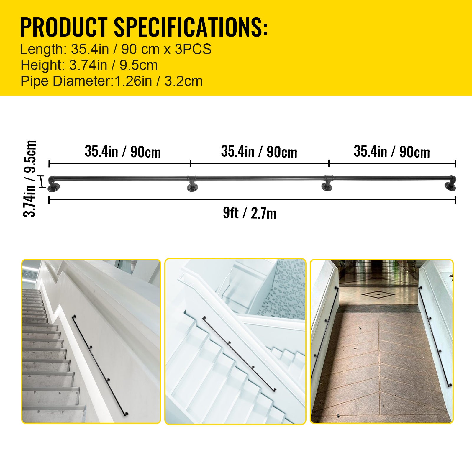 Rampe d’escalier en tube SucceBuy 9 pieds, capacité 440 lb, acier au carbone robuste, rampe avec support mural, angle arrondi, intérieur/extérieur - 9
