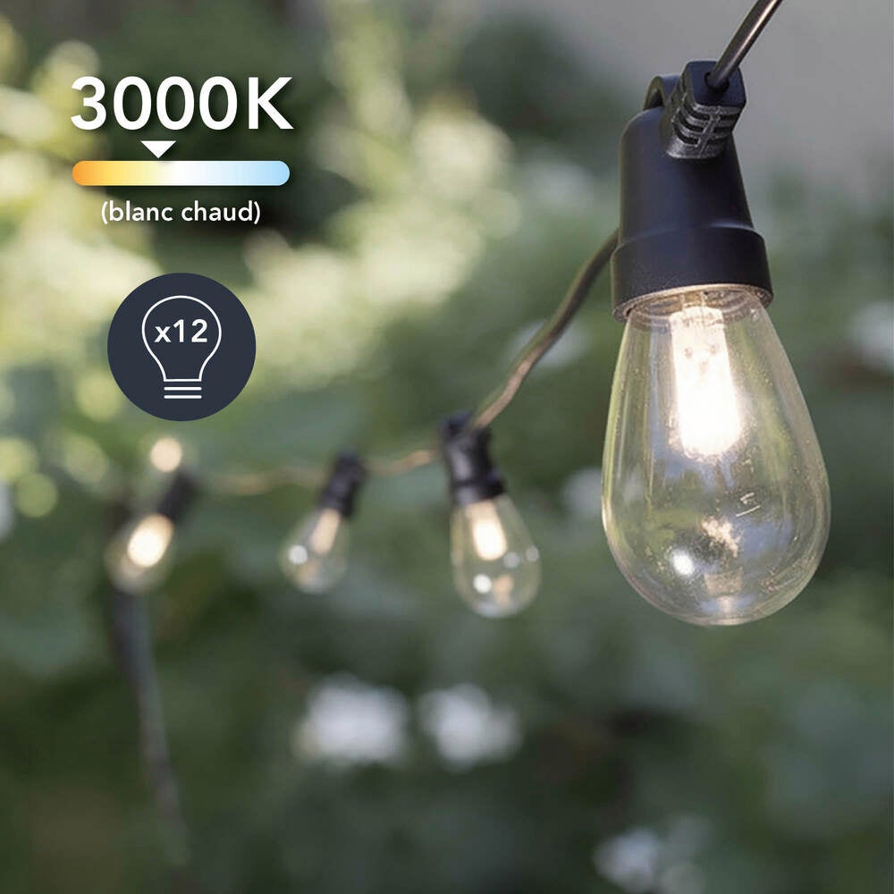 Guirlande Guinguette Solaire LED 8,4m, 12 ampoules remplaçables G4, 12 x 3,8 lumens, 3000K Blanc-chaud, IP44, crépusculaire - Tibelec - 6