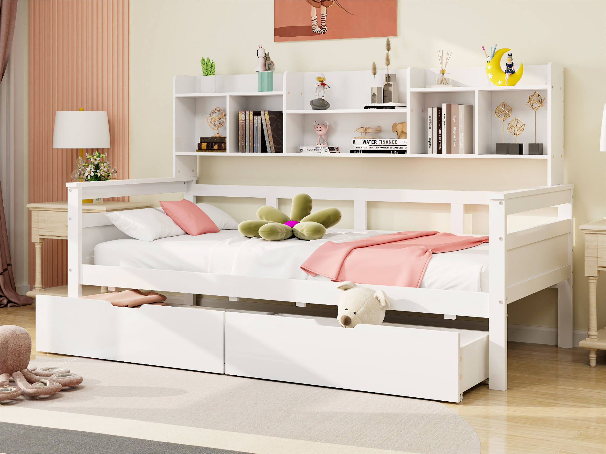 Sofa rozkładana 90x200 cm - z 2 szufladami i półkami - lite drewno - Biały