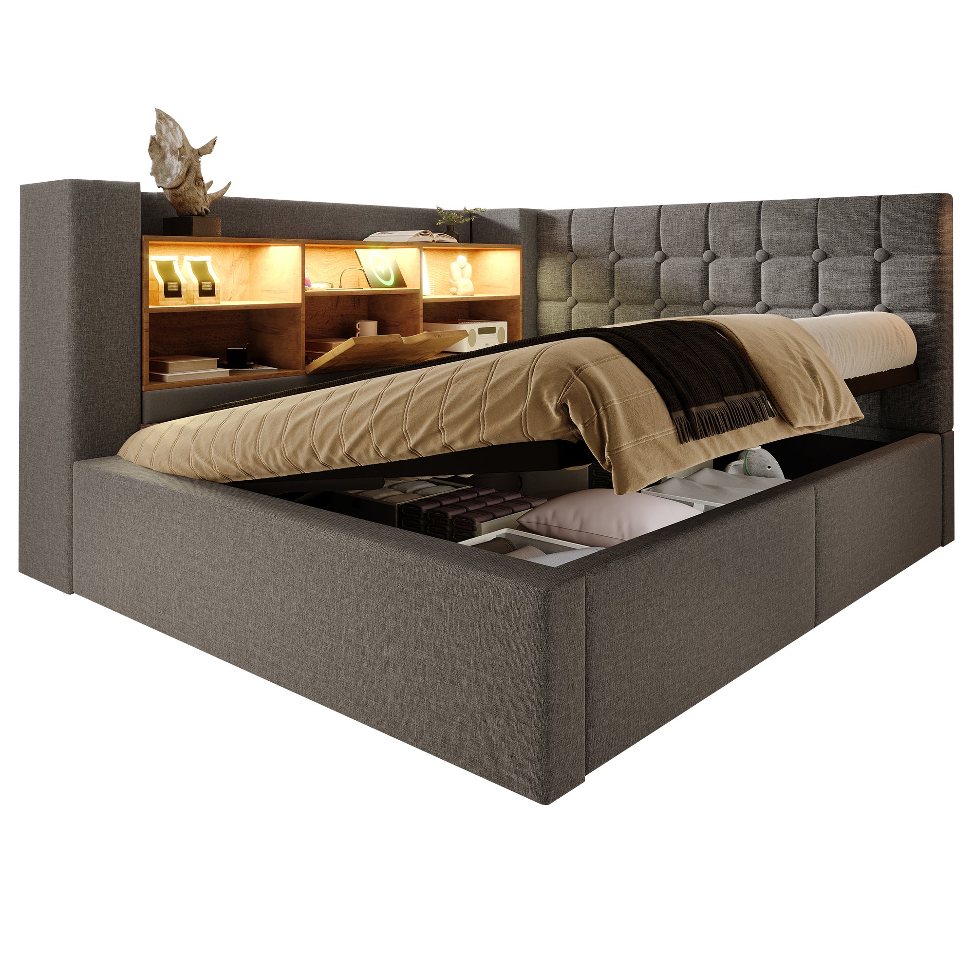 Canapé-lit coffre 140x200cm - avec LED et port de chargement - avec sommier à lattes - tissu de lin - gris - 7