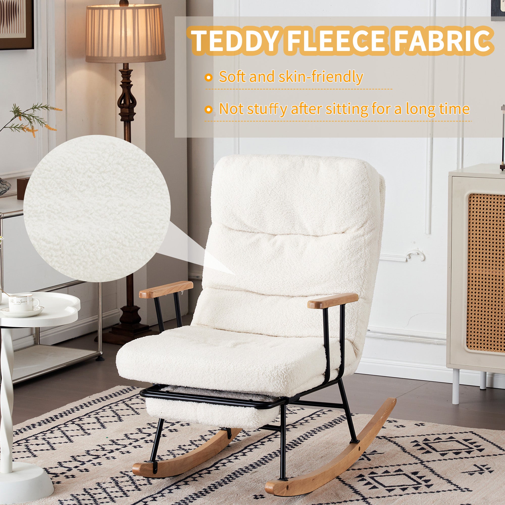 Fauteuil à bascule avec inclinaison et repose-pieds - 58 x 102 x 100 cm - Teddy-Polaire - Blanc - 3