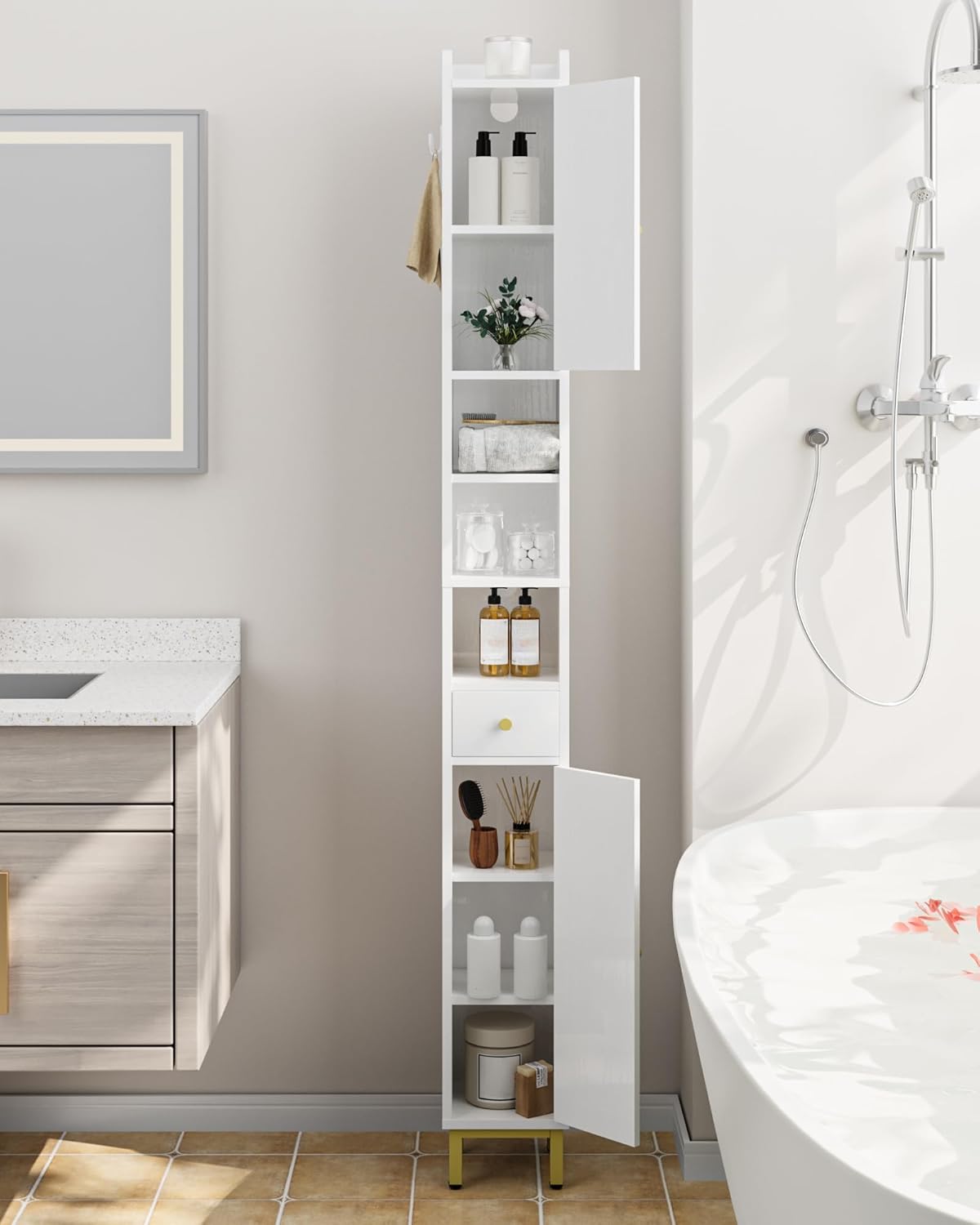 Armario para Baño Alto, Armario Estrecho para Papel Higiénico 2 Puertas y Cajón, Organizador de Baño Estante Ajustable, Blanco - 6