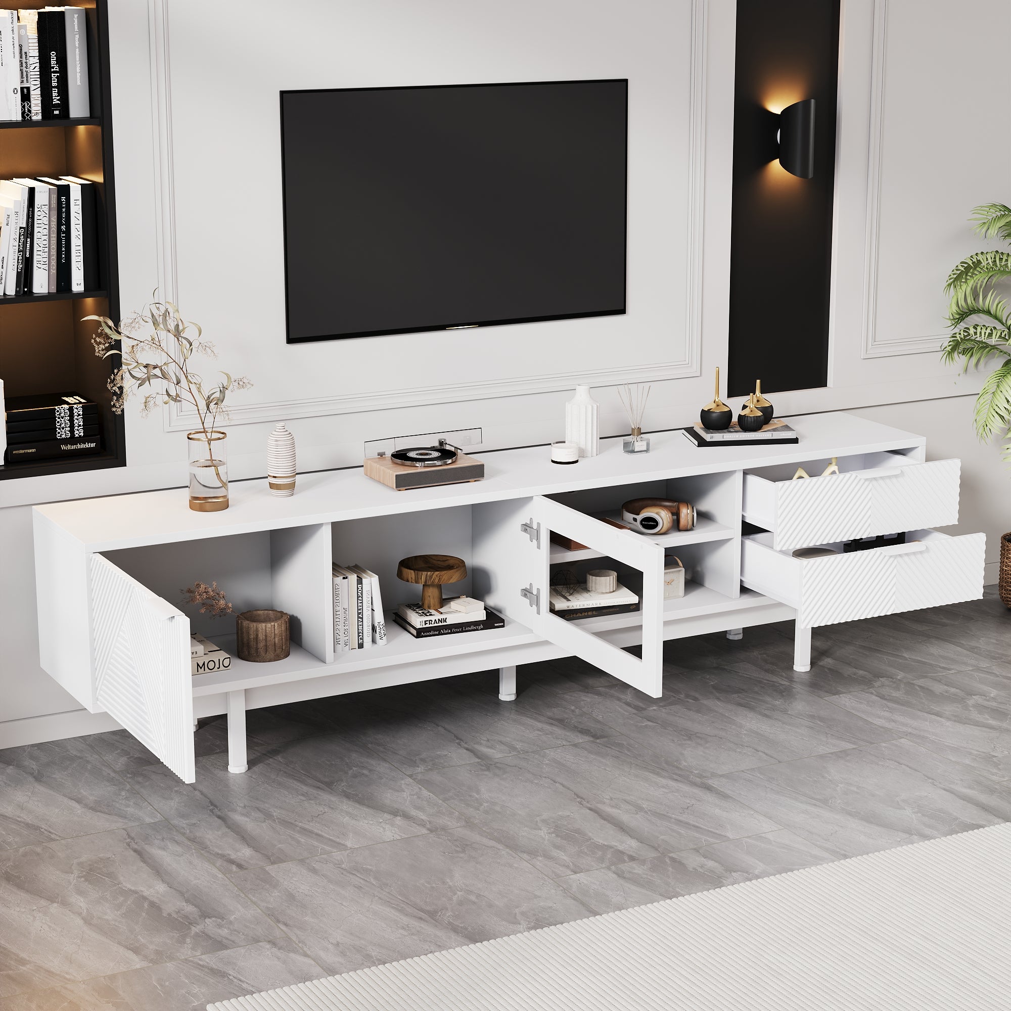 Nowoczesna szafka RTV do telewizora 80 cali z 2 drzwiami i 2 szufladami - 200 x 40 x 50,5 cm - Płyta wiórowa - Biała