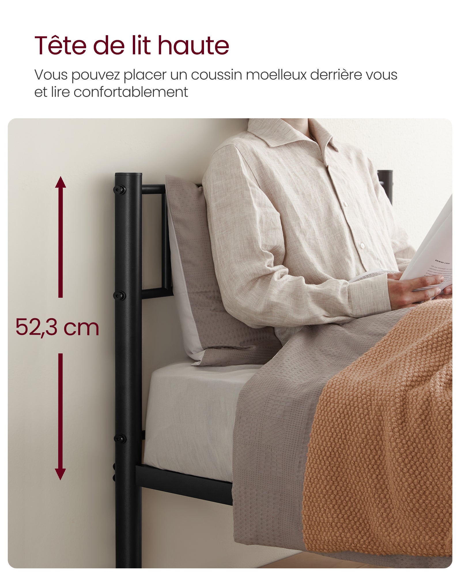 Lit Simple, 1 Personnes, en Métal, 190 x 90 cm, pour Petits Espaces, Chambre d’Amis, Chambre Ado, Noir - 6