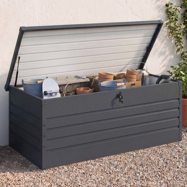 Coffre de rangement métal verrouillable gris anthracite pour jardin 600L 165x70x63 cm