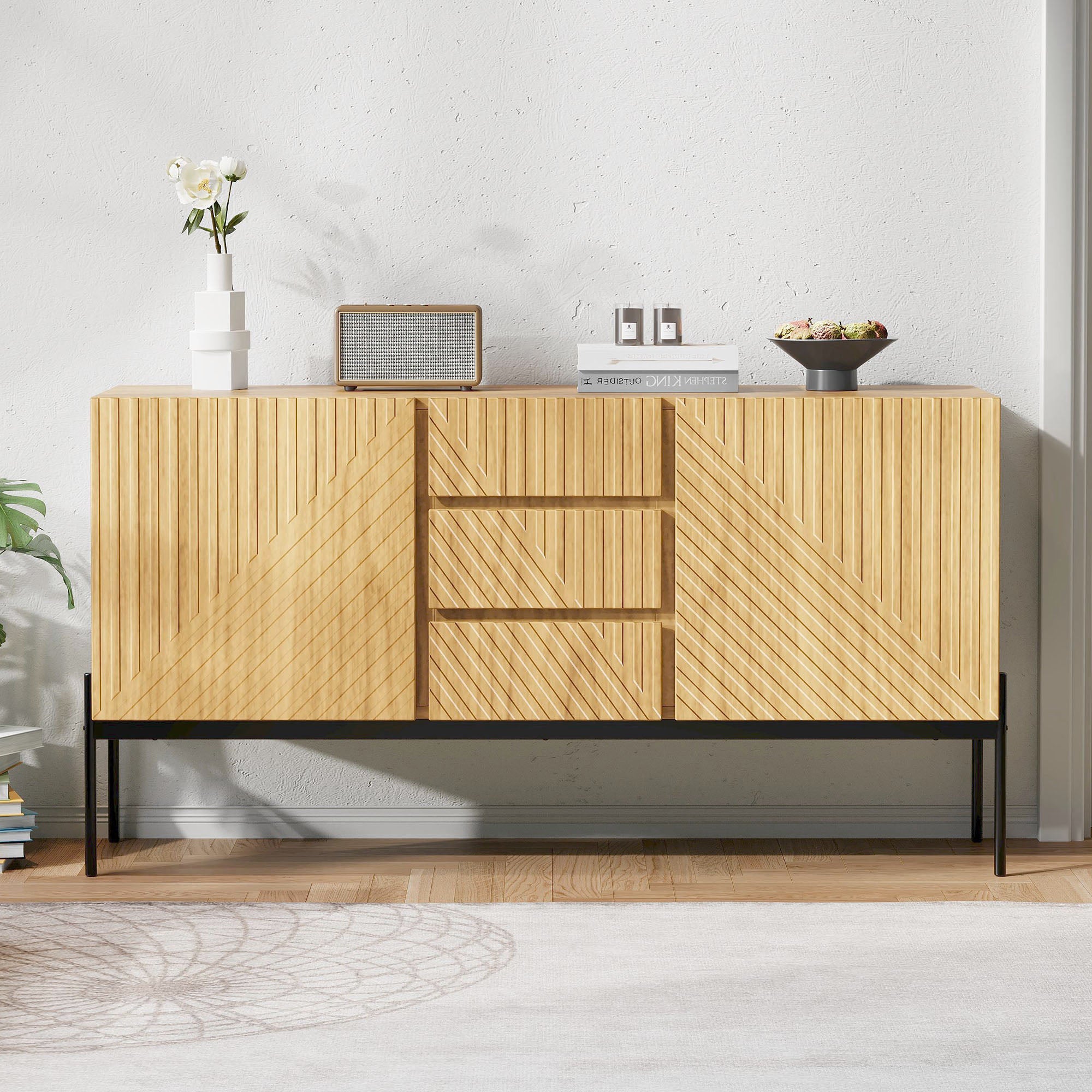 Komoda z 2 drzwiami i 3 szufladami - 140 x 40 x 75 cm - Płyta wiórowa i nogi metalowe - Naturalna