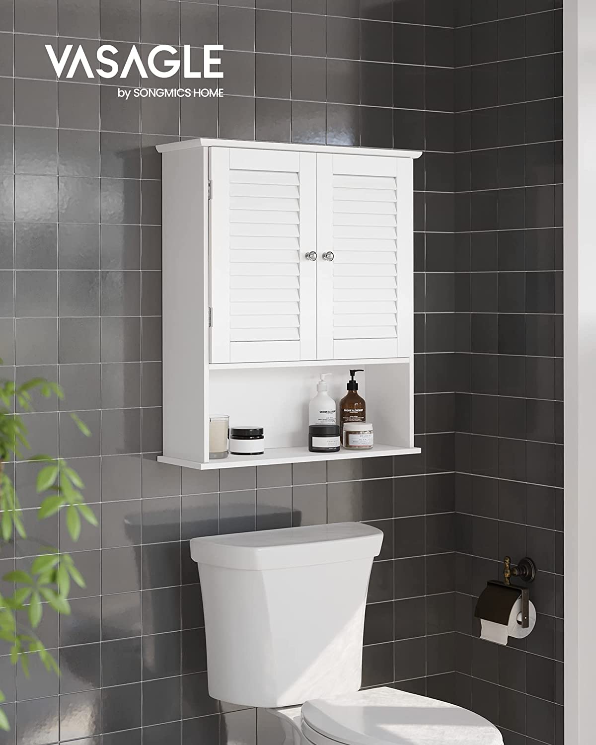 Vasagle Blanco Armario De Pared Para Baño De Doble Puertas 20 X 60 X 70 Cm - Imagen 3