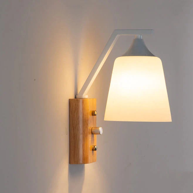 Aplique de pared beaface, cuerpo de madera maciza y pantalla de cristal en forma de campana,como lámpara de mesilla con espejo, 12w, 3000k.