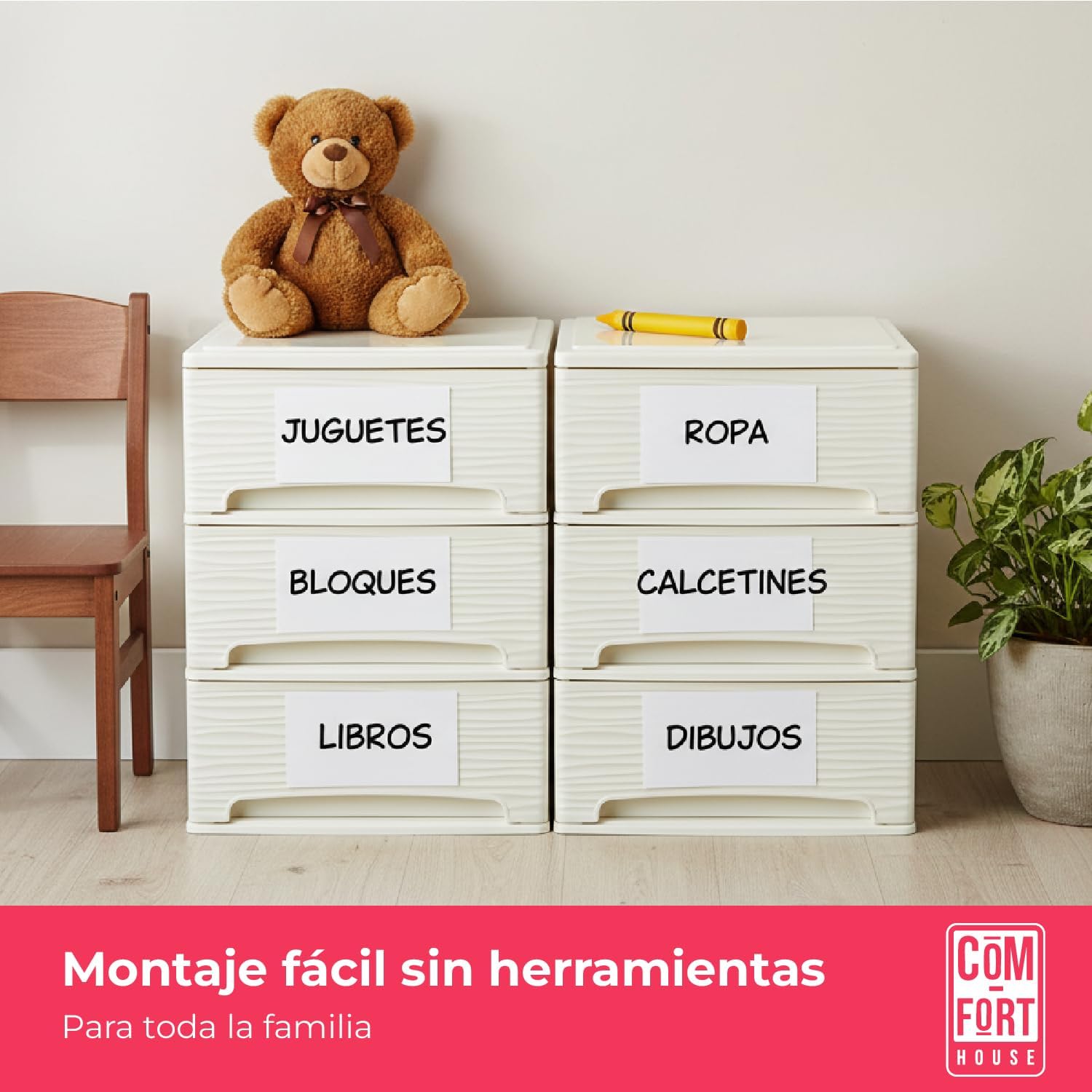 COM-FORT HOUSE | Cajonera Apilable de Plástico | Modelo Ondas | Color Blanco Roto | Modelo de 3 Cajones | Cajones de Almacenamiento Modular - 6