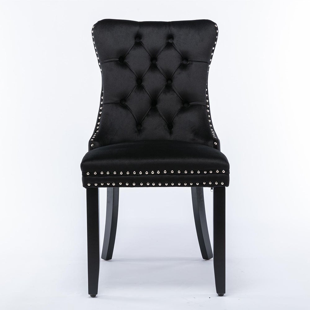 Ensemble de chaises de salle à manger, avec pieds en bois et garniture à clous, revêtement en velours, structure en bois massif,noir - 5