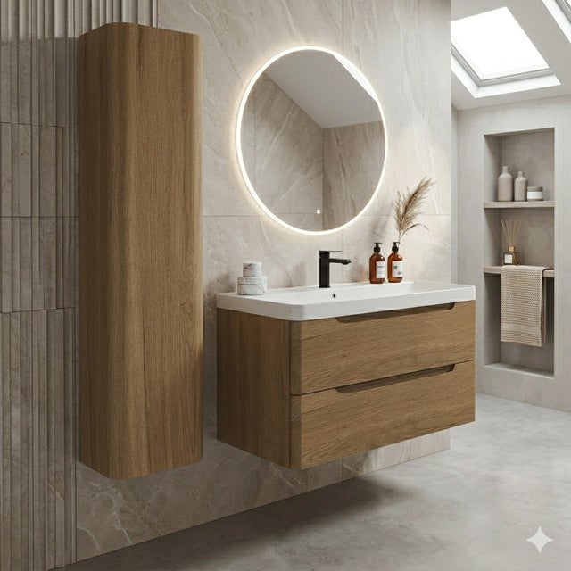 CONJUNTO MUEBLE DE BAÑO SUSPENDIDO MODELO IRUN 80 CM. 2 CAJONES ROBLE TABAC Y LAVABO COSMOS