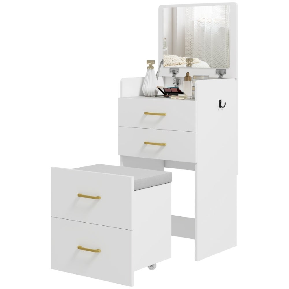 Toaletka 3w1 z lustrem, szufladami, taboretem na kółkach, biały, stolik nocny, meble do sypialni, nowoczesny design