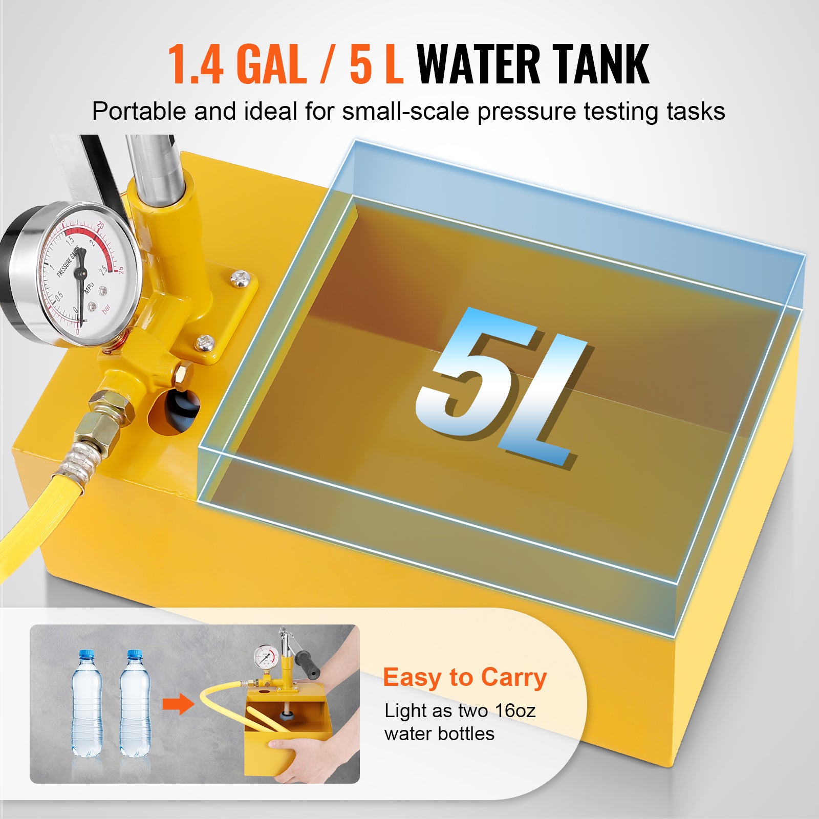 Pompe de Test Hydrostatique VEVOR 25 bar Kit Testeur de Pression d'Eau Manuel Hydraulique à Valve Unique avec Réservoir d'Eau 5 L Tuyau 1 m Connecteur - 4