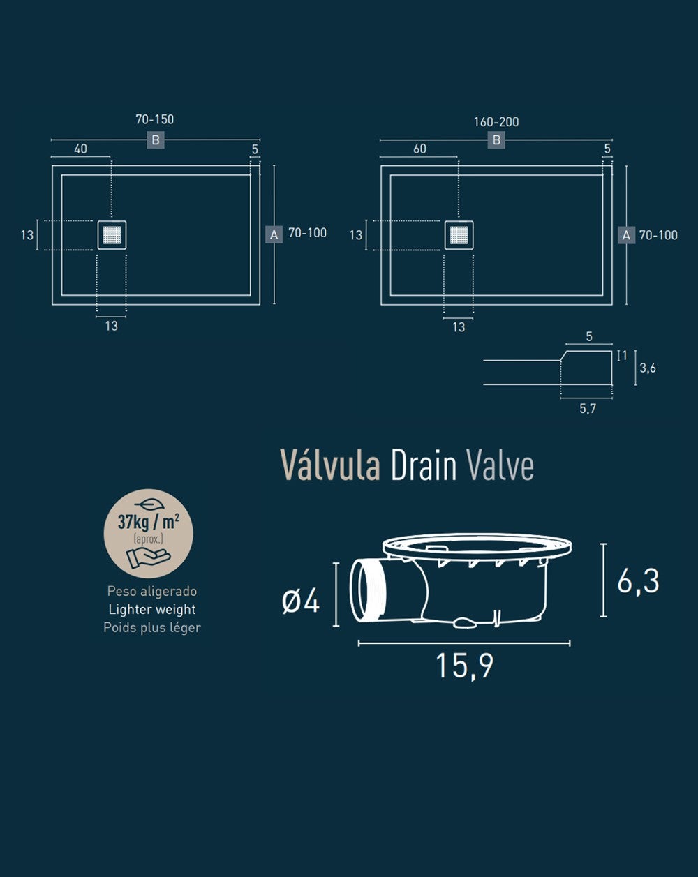 Base de duche em resina com válvula de aro extraplano antiderrapante e grelha | Textura de pedra | Branco | 70 X 100 cm - 5