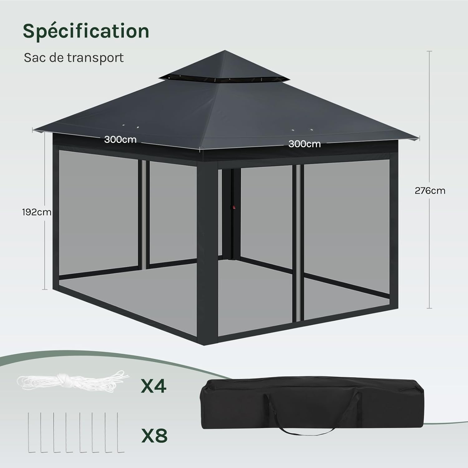 Tonnelle de Jardin Extérieur WOLTU, Tonnelle Pliante 3x3m, avec Moustiquaire Amovible, Résistant aux UV, Double Toit Imperméable, Anthracite - 4