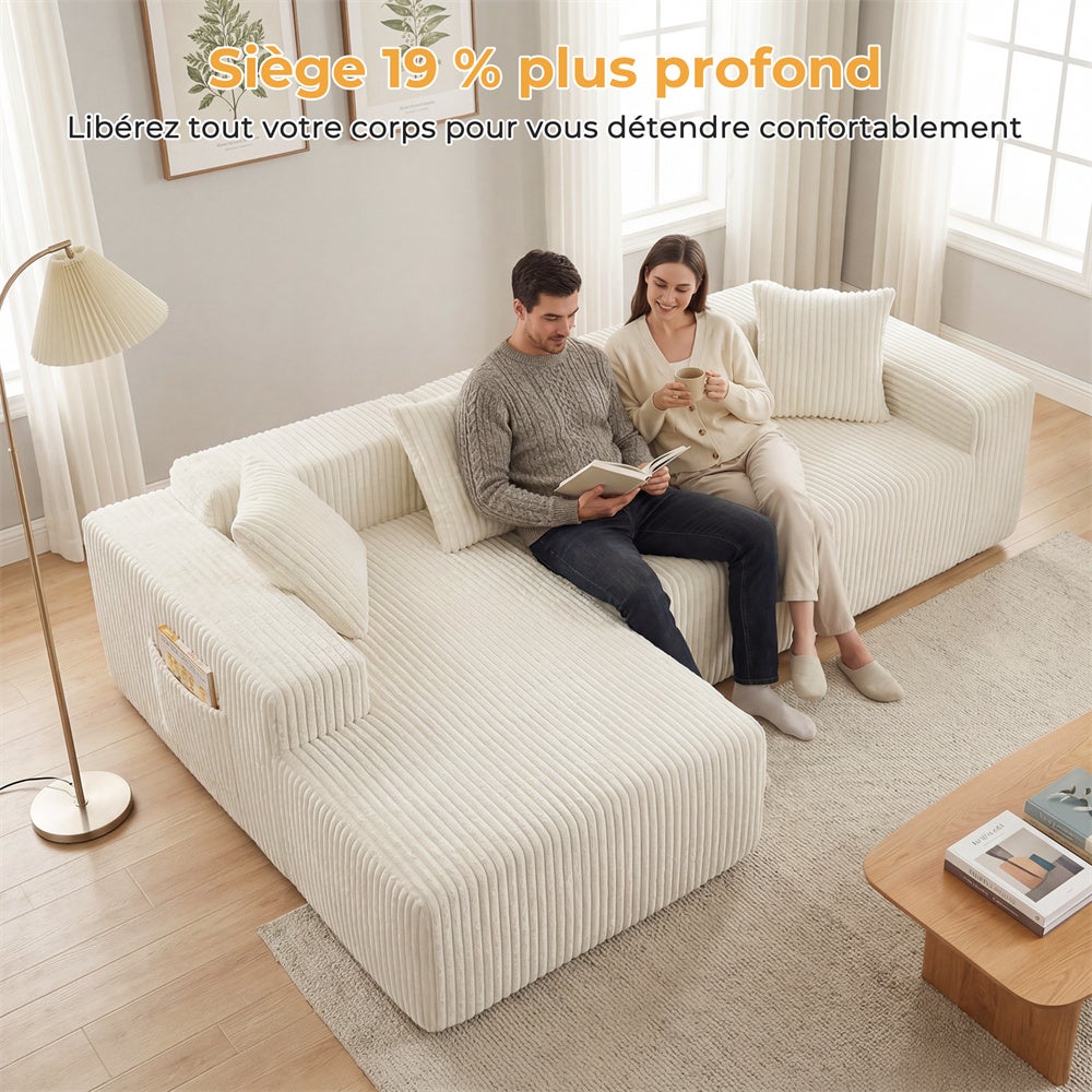 DRIPEX Canapé d'angle gauche en velours côtelé avec 4 coussins,Canapé sans assemblage avec méridienne en L,261×156×80cm,Beige - 5