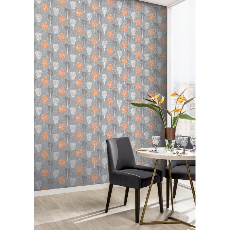 Papel pintado pared árbol de estilo retro - retro tree gris y naranja arthouse - rollo de 10 m x 0,53 m