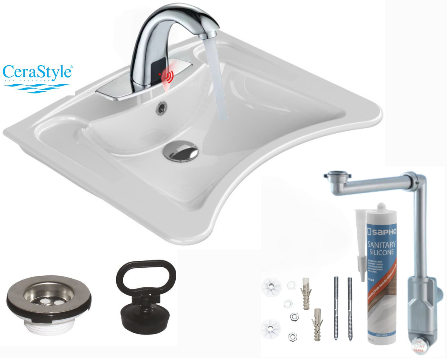 Umywalka dla niepełnosprawnych 60x50cm, Bateria bezdotykowa sensor, syfon, sitko, silikon