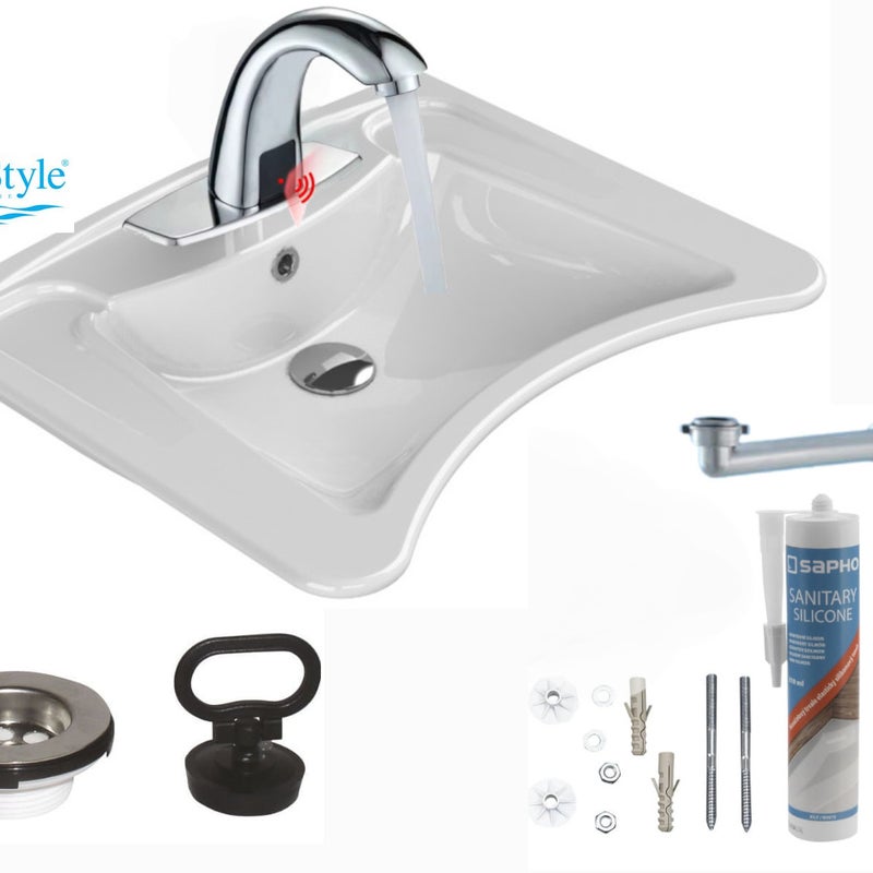 Umywalka dla niepełnosprawnych 60x50cm, Bateria bezdotykowa sensor, syfon, sitko, silikon