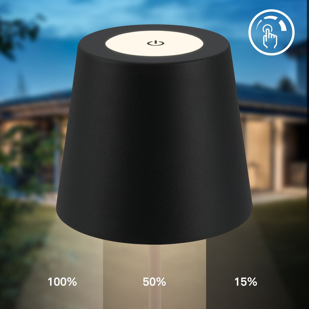 Lampe de table LED rechargeable - IP44 - Touch dimmer 3 niveaux - USB - Noir - 2.700K - autonomie 12h - B.K.Licht - 3