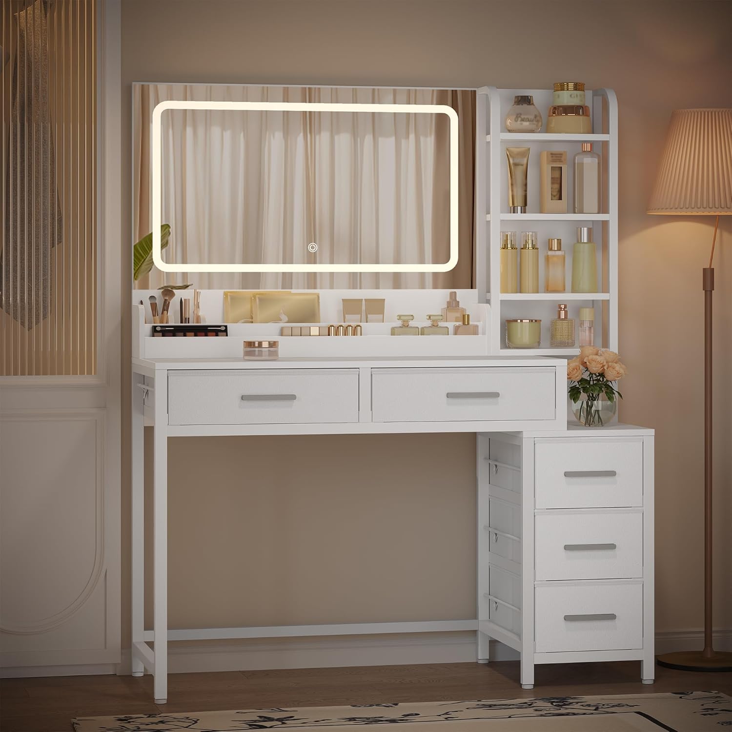 110 cm Coiffeuse avec Miroir, Table de Maquillage avec Éclairage LED, Luminosité Réglable, 3 Couleurs, 5 Tiroirs et 5 Compartiments Ouverts, Blanc - 2