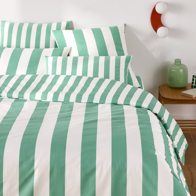 Housse de couette en coton, Hendaye vert - Rayé vert - 160 x 210 cm