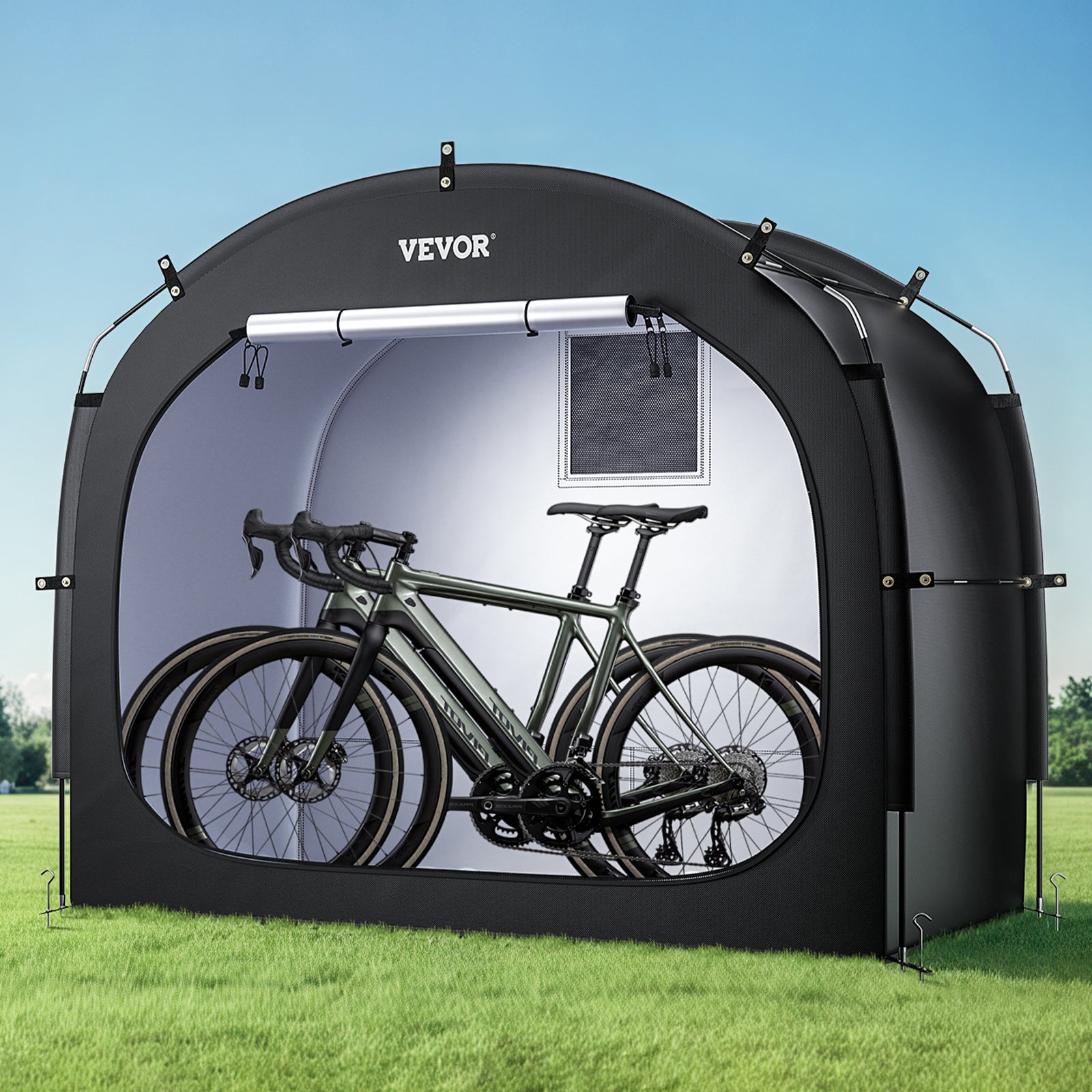 Abri à Vélo pour 3-4 Vélos,VEVOR Tente Rangement Étanche,Fenêtre Ventilée,Poteaux Fibre de Verre,Double Fermeture Éclair,Tissu Oxford,Extérieur - 8