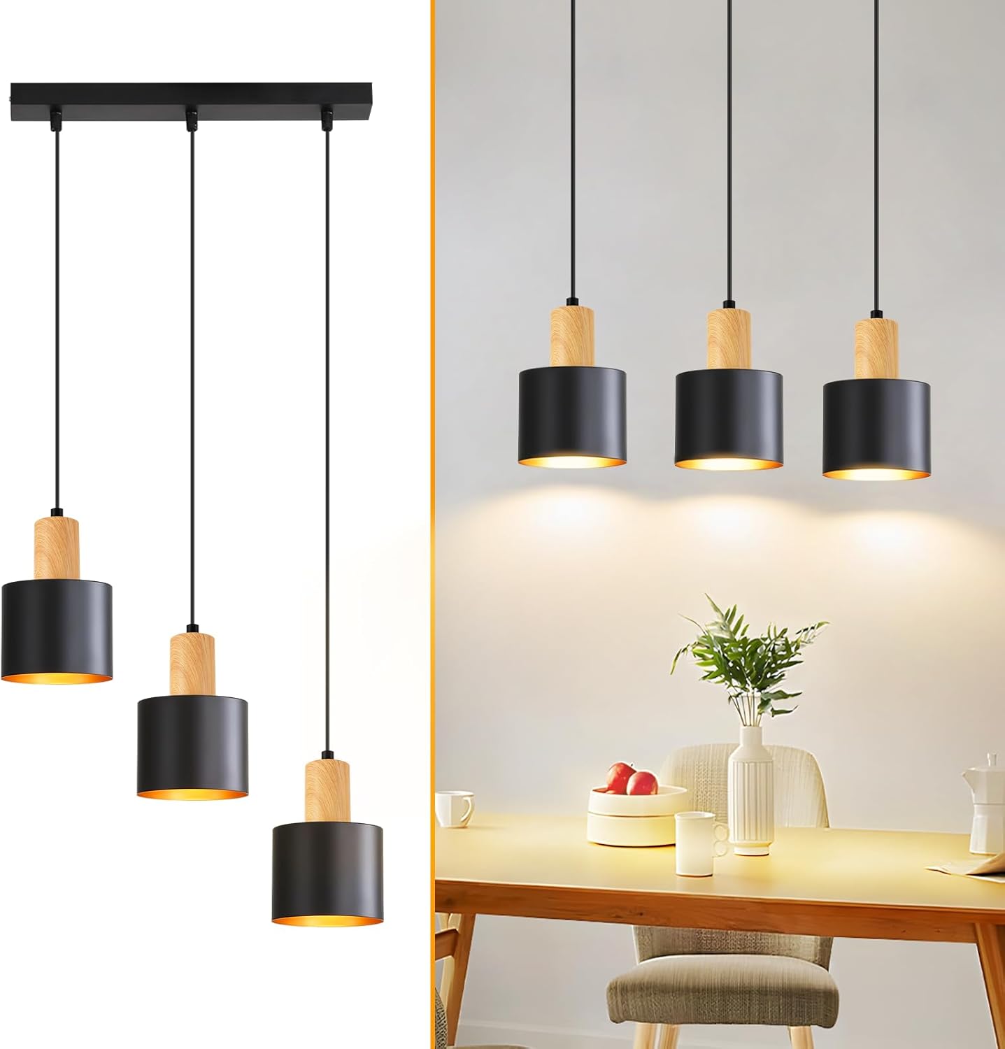 ZMH Lampa wisząca 3-punktowa czarna E27 regulowana wysokość styl vintage odpowiednia do jadalni lub kuchni