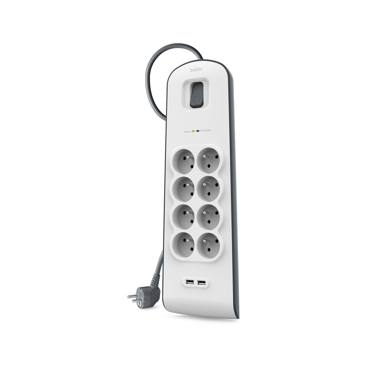 Listwa zasilająca przeciwprzepięciowa Belkin z 8 gniazdami i 2 portami USB 2,4 A biało-czarna
