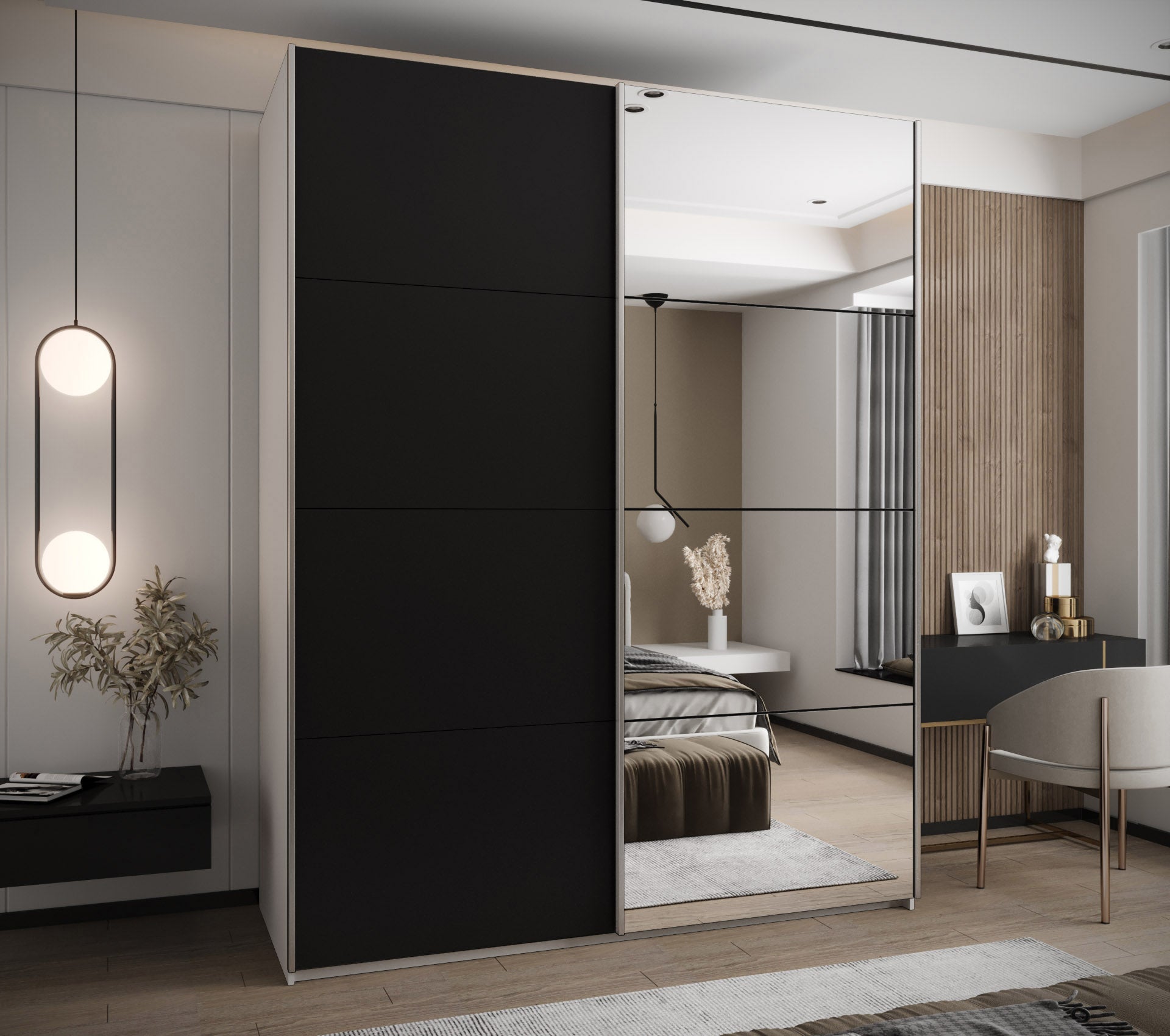 Szafa przesuwna wysoka Lux 3 200 x 64 x 245,5 cm biały + czarny + u. srebrny - Abiks Meble - 2
