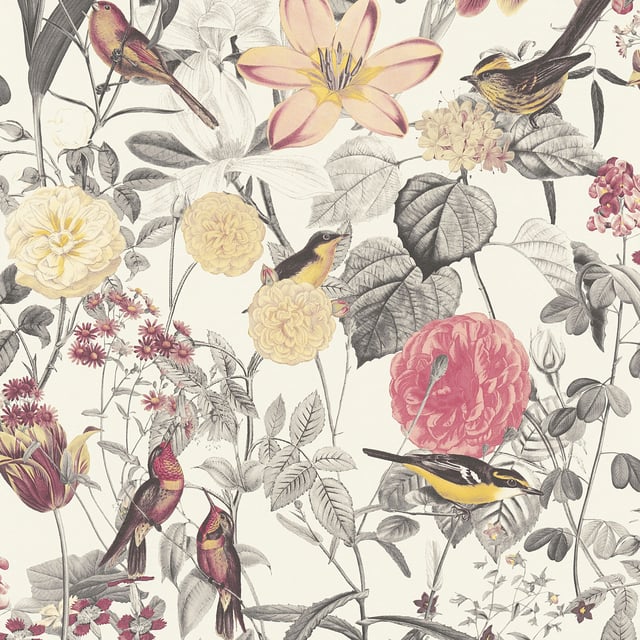 Papier peint rétro avec motif oiseaux & fleursTapisserie multicolore style vintage Papier peint intissé anglais pour couloir