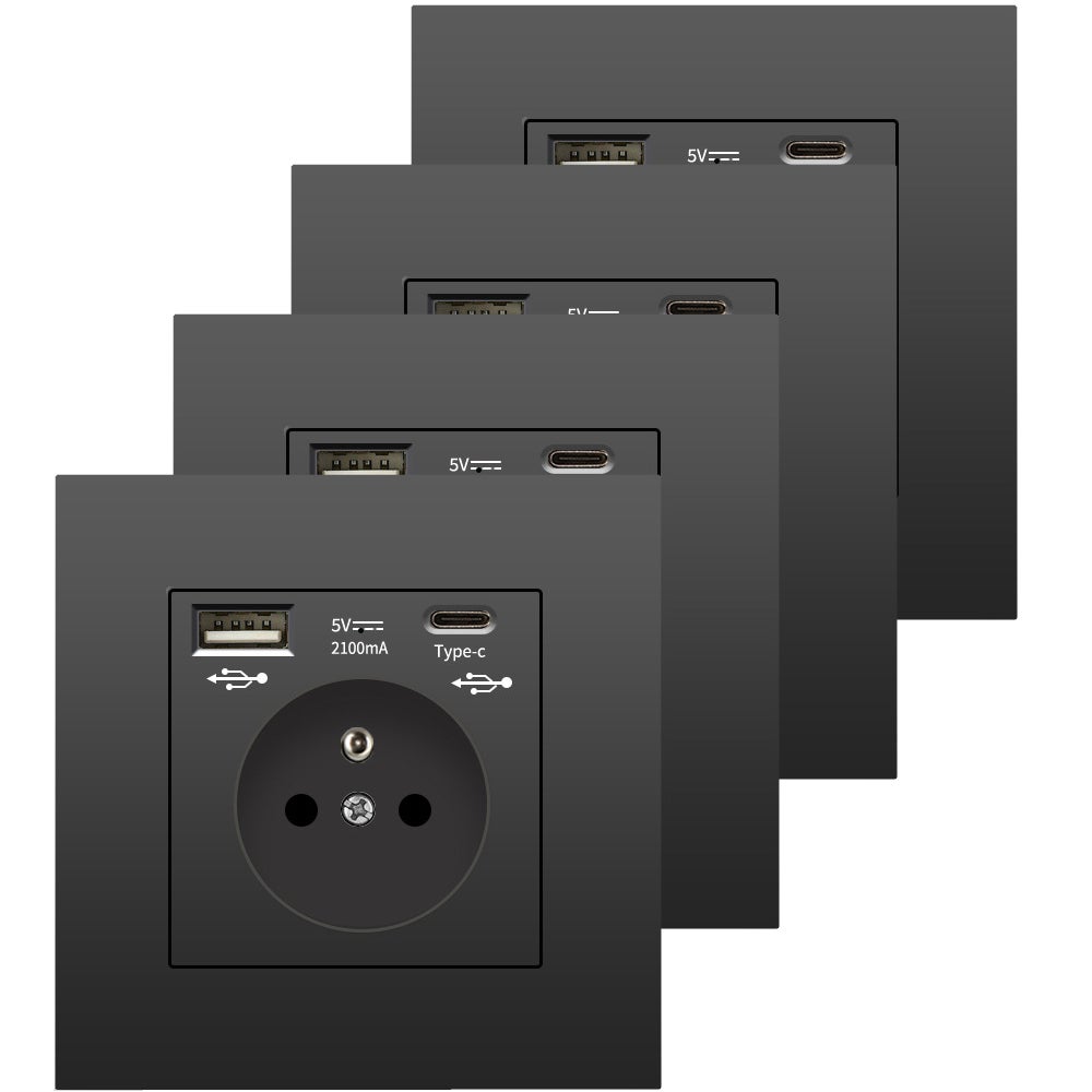Gniazdo ścienne 4 szt. z USB i typem C, 5 V 2100 mA, Schukode AC, gniazdo PC z USB (maks. 2,1 A), odpowiednie do smartfonów i tabletów