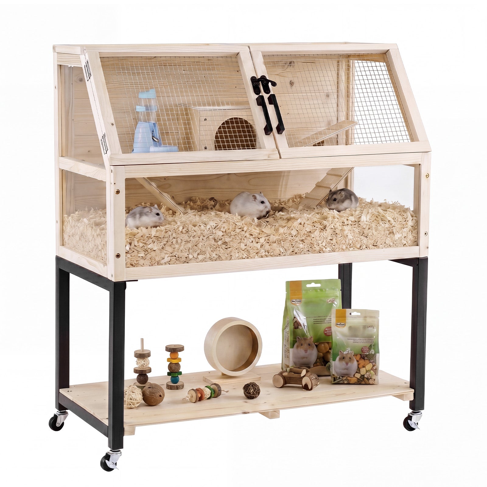 Cușcă din lemn pentru hamster pe roți, 87 x 42 x 101 cm Cușcă mobilă pentru animale mici cu rampă, balansoar, castron, 4 roți (2 blocabile)