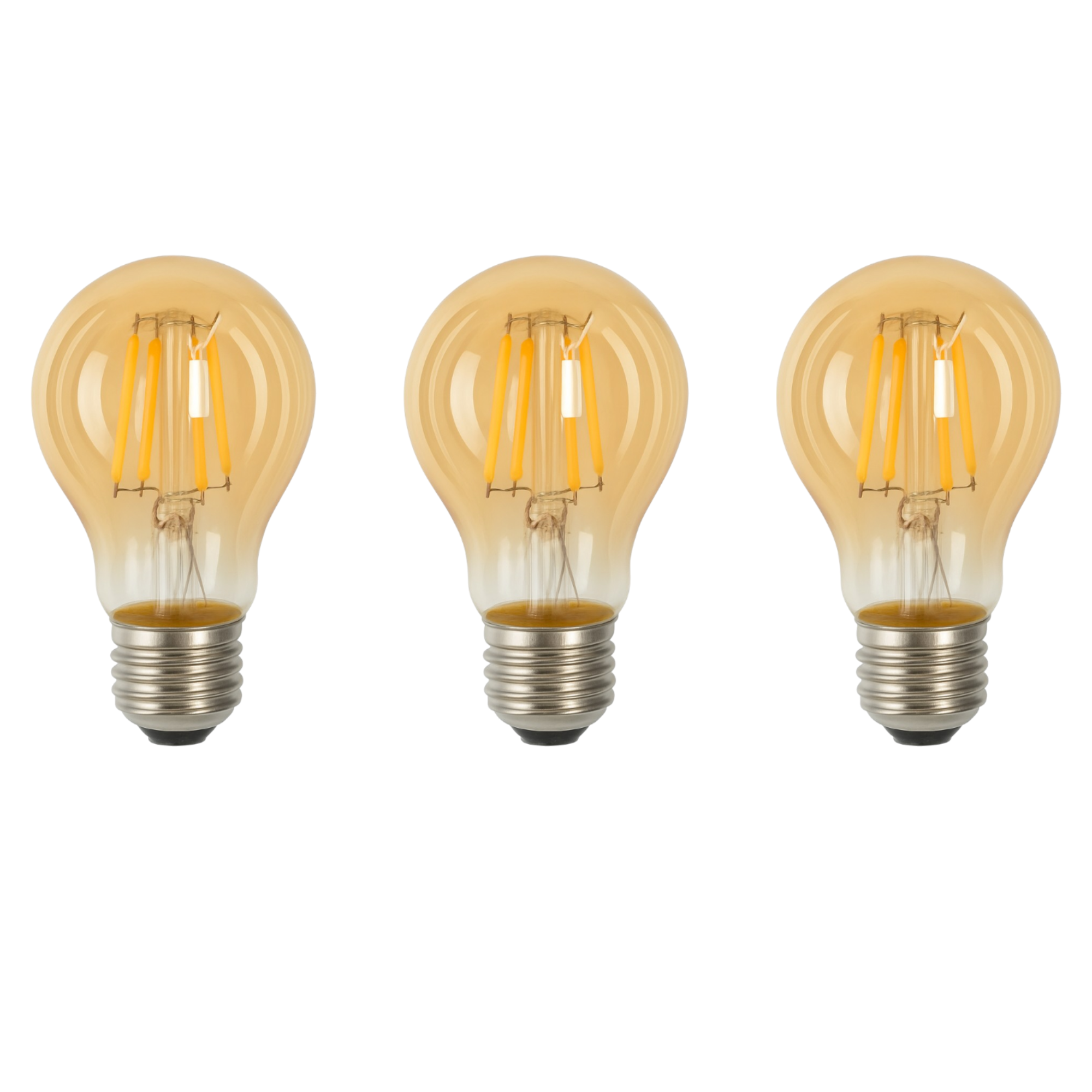 Zestaw 3 sztuk żarówek LED A60 E27 z żarnikiem 4 W 460 lm, wykończenie vintage w kolorze bursztynowym. Ciepłe światło 2700 K.